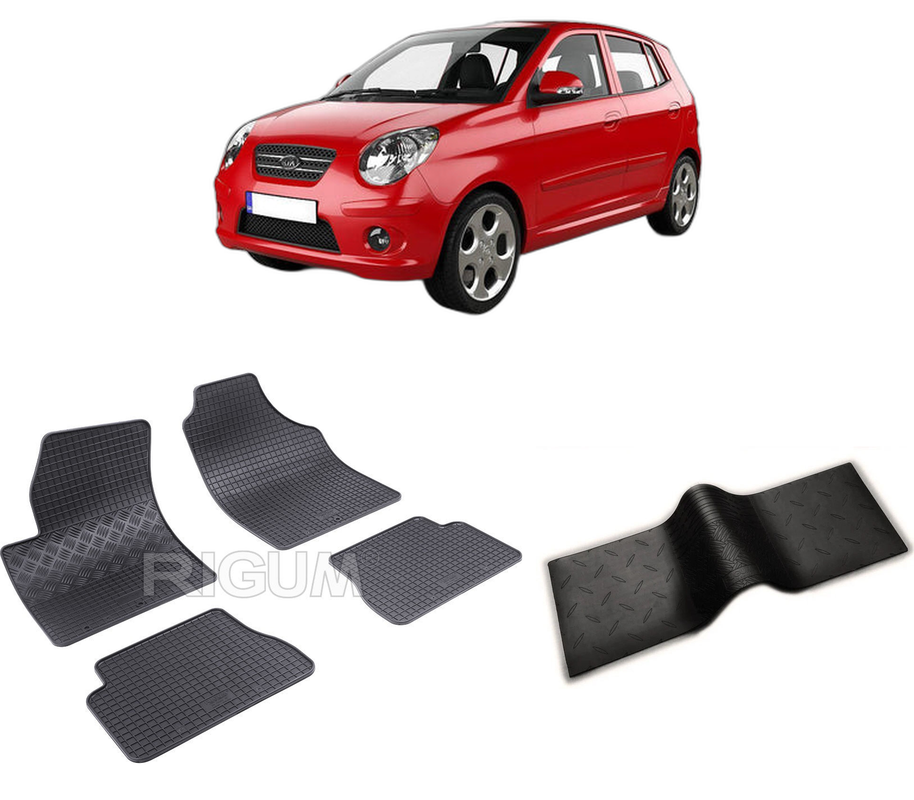 Set covorase auto KIA PICANTO I din 2004-03.2011, cu covoras tunel median, CAROSERIE HATCHBACK, Presuri cauciuc 100%, compatibil cu autoturismul KIA PICANTO I, Rigum