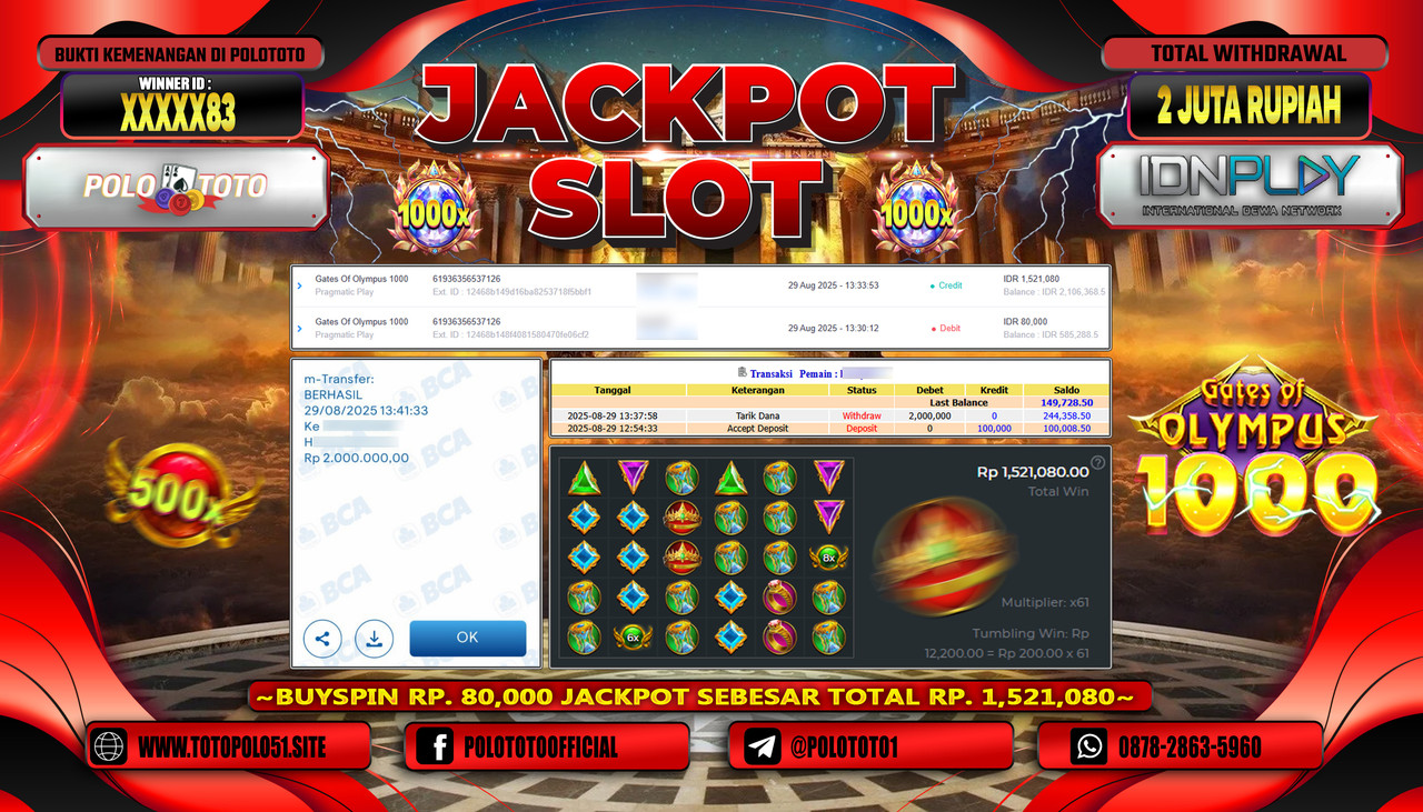 POLOTOTO JACKPOT SLOT GATES OF OLYMPUS 1000 Rp.2.000.000,-LUNAS