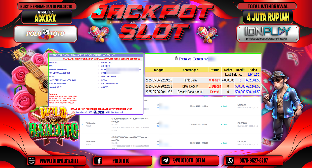 POLOTOTO JACKPOT SLOT WILD BANDITO Rp.4.000.000,-