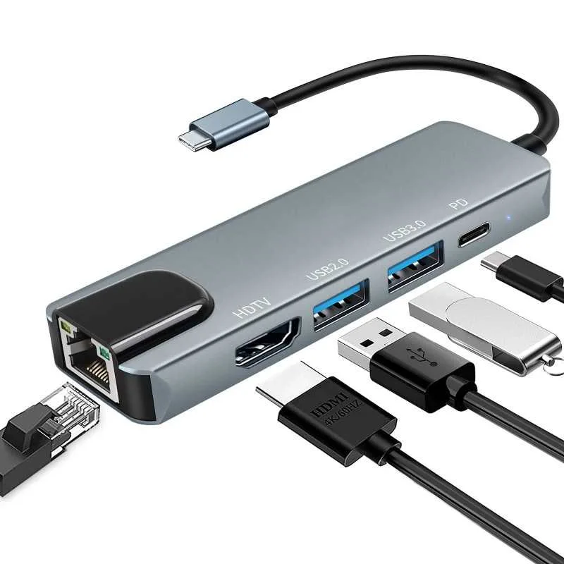 Adaptateur Hub 5 en 1 Type-C to HDTV 4K Gigabit Ethernet LAN