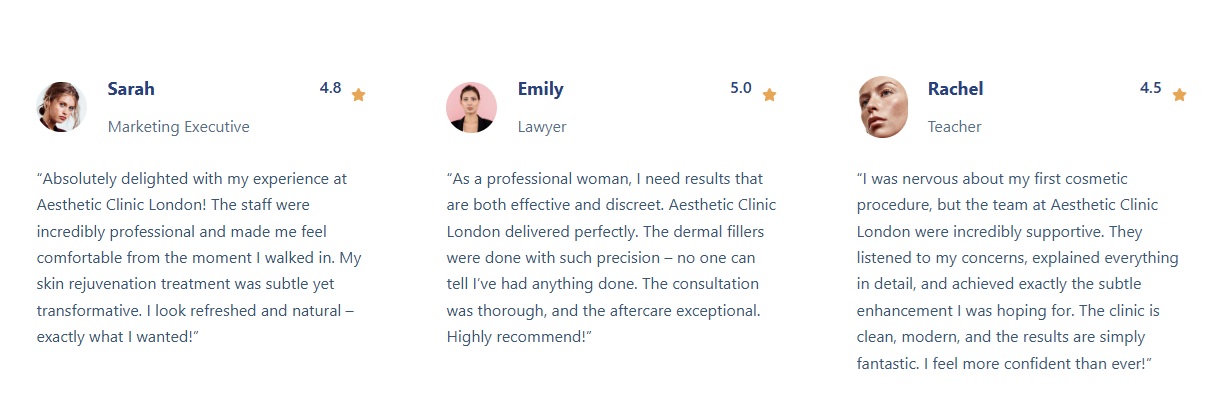 Client testimonials Sciencebeauty London with patient feedback and ratings.
