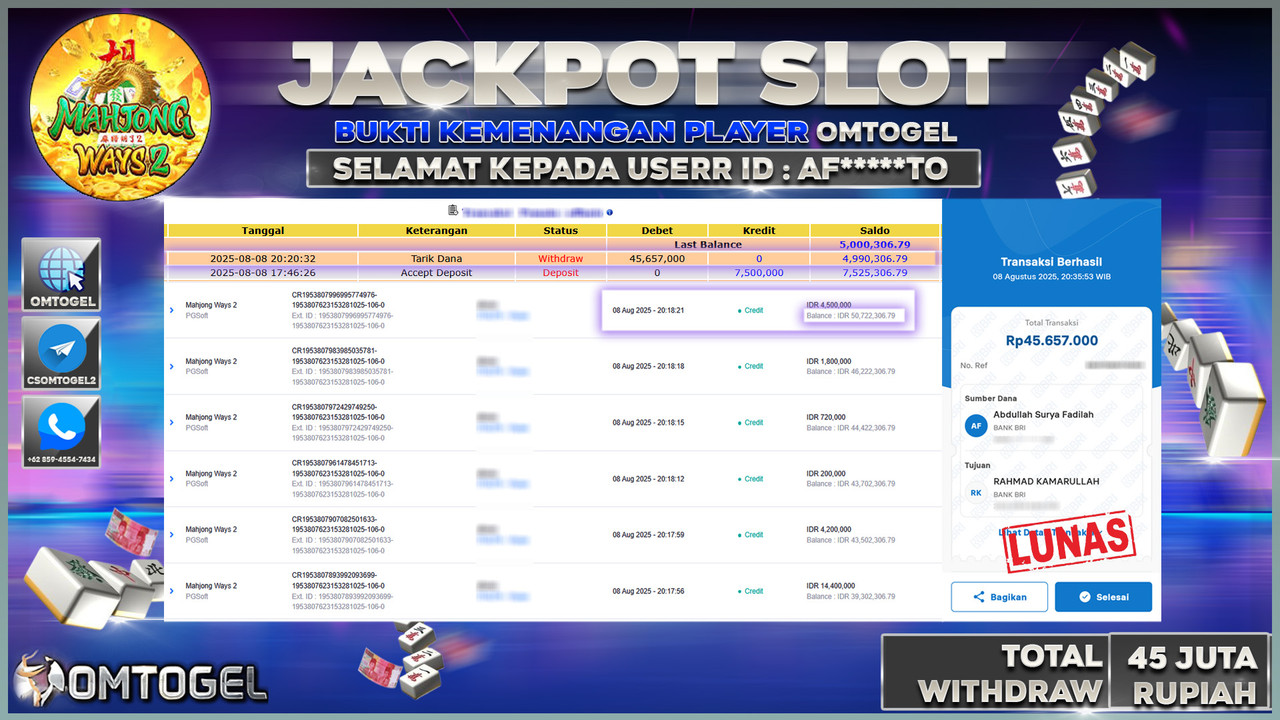 OMTOGEL JACKPOT PGSOFT MAHJONG WAYS 2 45 JUTA DI BAYAR LUNAS ,-