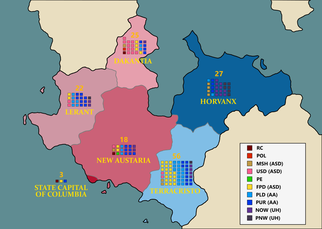 Carte de répartition des 151 sénateurs nouvellement élus ou réélus dans chaque États-Républicains de la Grande République de Westalia, à la suite des sénatoriales intermédiaires de septembre 2017. Carte de répartition des 151 sénateurs nouvellement élus ou réélus dans chaque États-Républicains de la Grande République de Westalia, à la suite des sénatoriales intermédiaires de septembre 2017.