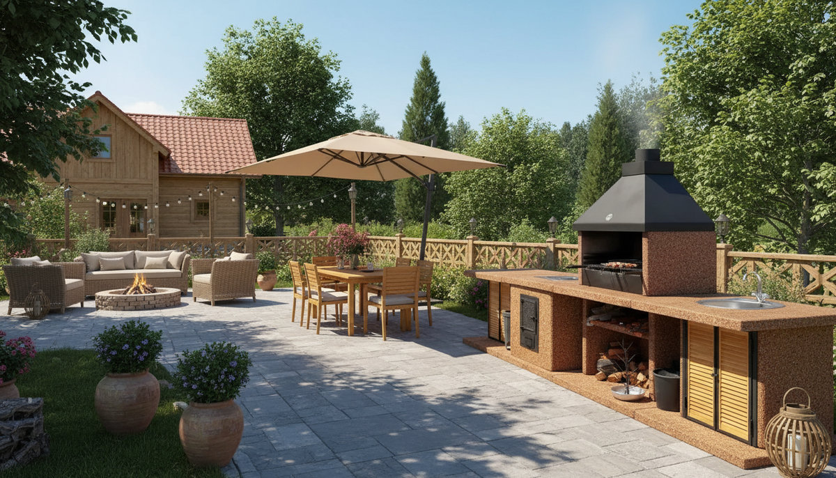Собранный модульный комплекс барбекю на участке Готовая барбекю-зона