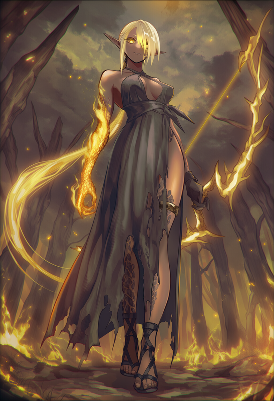 girl, solo,Elf ear, Tanned skin, 1.2__Dragonscale skin__, 2__glowing golden hai_ s-3275886552