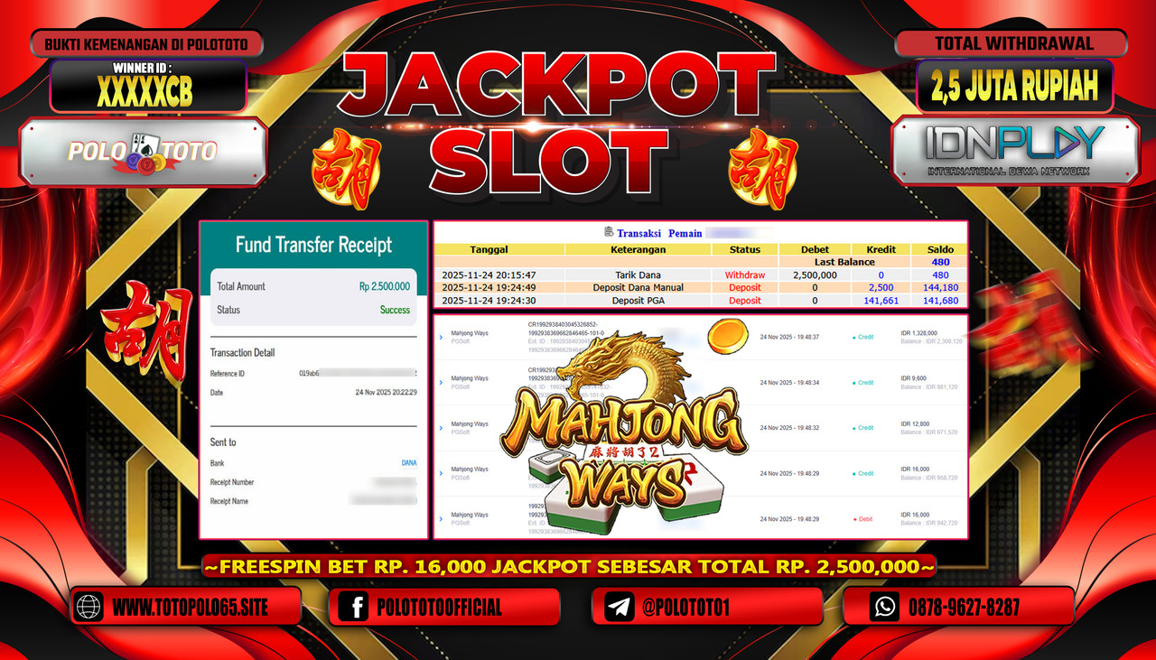 POLOTOTO JACKPOT SLOT MAHJONG WAYS Rp.2.500.000,- LUNAS