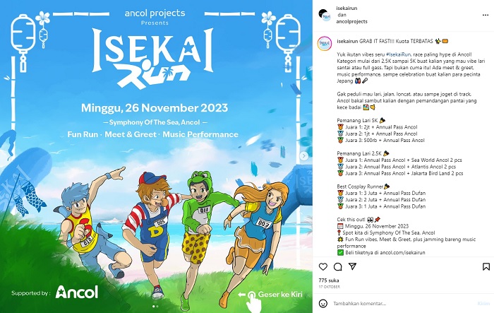 Ancol bakal menggelar Isekai Run, event lomba lari yang mengusung konsep fun run dan membawa nuansa khas anime dari Jepang. 