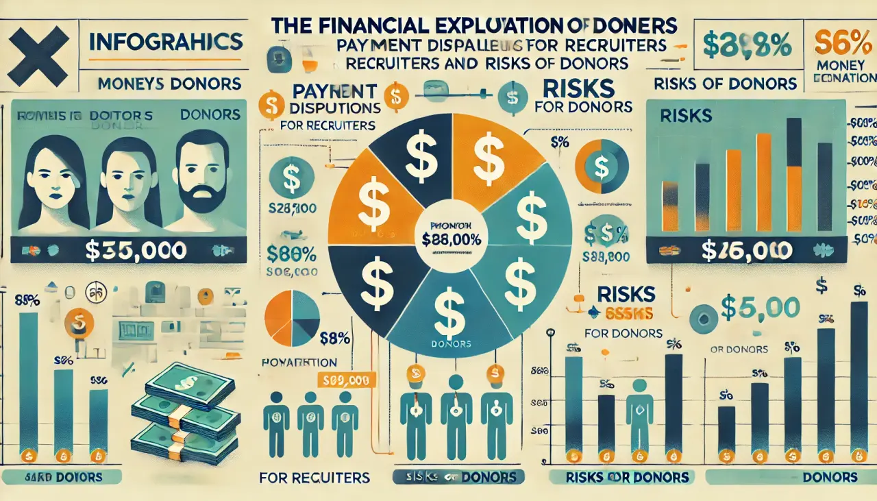 Infographic showing financial exploitation in an illegal egg donation scheme, highlighting payments to recruiters and risks to donors.