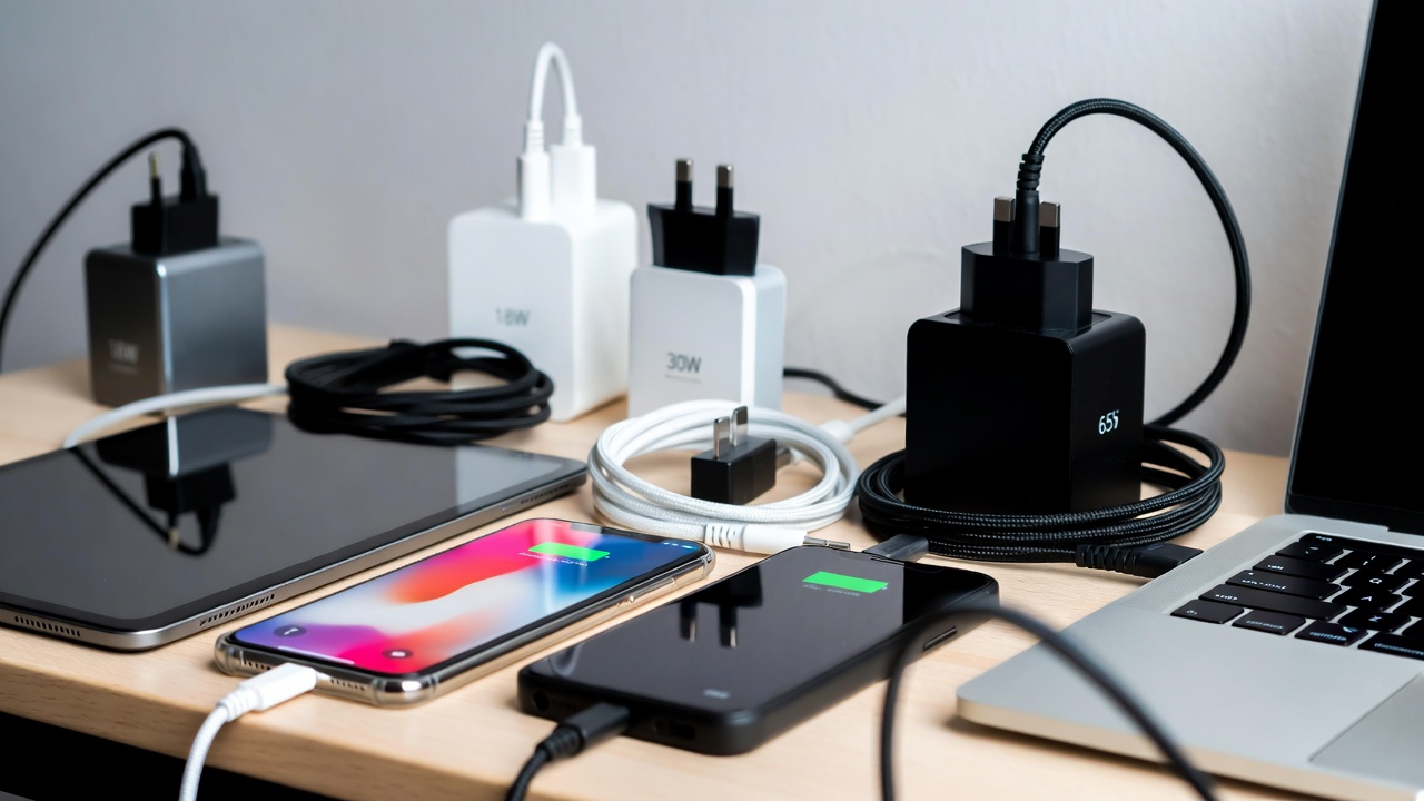 Multiple devices charging simultaneously with fast charging cables and power adapters on desk