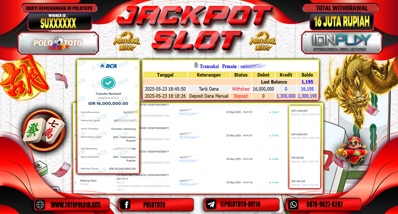 POLOTOTO JACKPOT SLOT MAHJONG WAYS Rp.16.000.000,-
