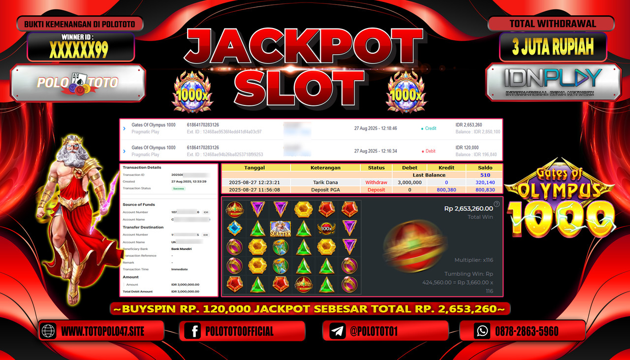 POLOTOTO JACKPOT SLOT GATES OF OLYMPUS 1000 Rp.3.000.000,- LUNAS