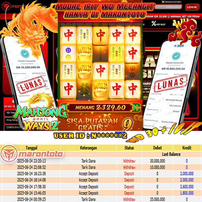 Bukti Kemenangan Member Marontoto Sebesar 10,000,000  + 30.000.000JuTa