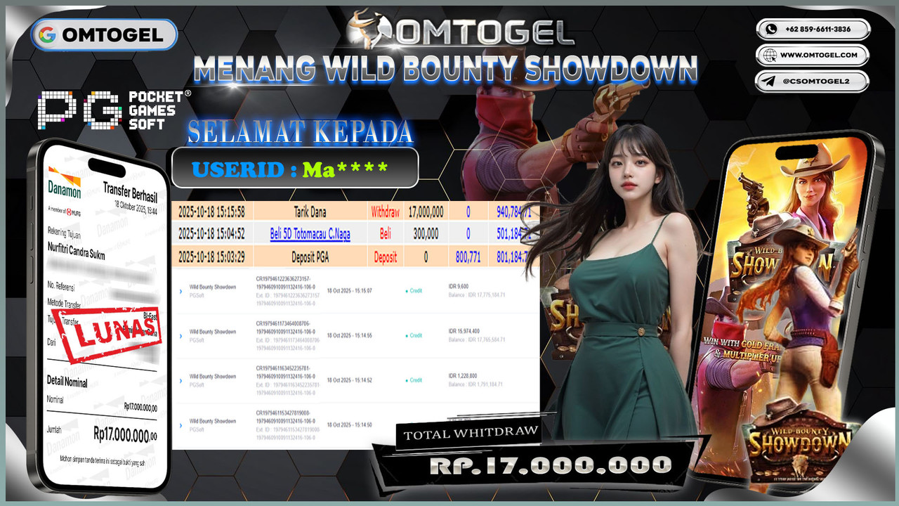 OMTOGEL JACKPOT PGSOFT WILD BOUNTY SHOWDOWN 17 JUTA DI BAYAR LUNAS ,-