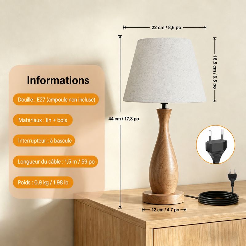 Lampe de table en bois massif et lin beige