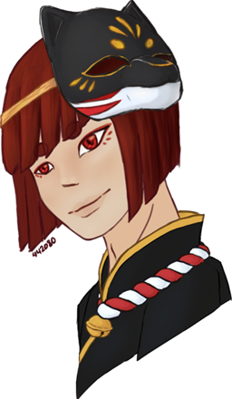 gijinka headshot/bust, a human with straight red hair cut in an angled bob with flat bangs, wearing a japanese kitsune mask in black with a white lower jaw and gold and red detailing. they are wearing a black kimono with a red and white rope collar, a bell attached at the bottom.