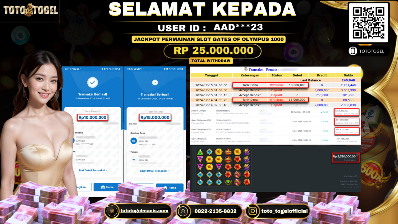 Bukti Pembayaran Jackpot Permainan Slot Gates Of Olmypus 1000 ID: AAD***23 LUNAS
