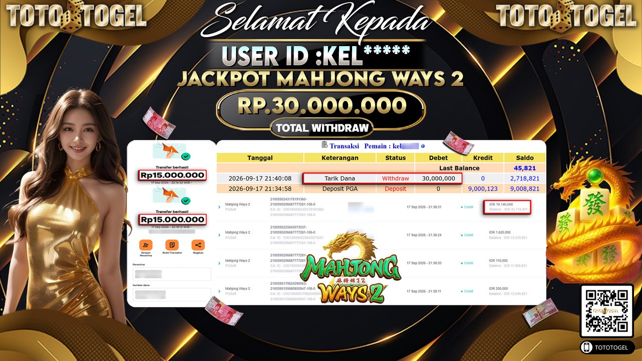 Bukti Pembayaran Jackpot Slot Mahjong Ways 2  ID:KEL*****LUNAS