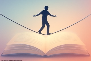 A silhouetted tightrope walker balances mid-step on a rope stretched across the open pages of a book, symbolizing the careful pacing required in storytelling. The background features a soft gradient of pastel colors, creating a calm, thoughtful atmosphere.
