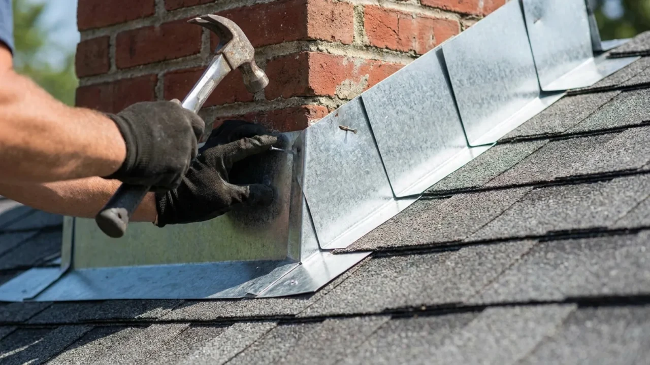 Step flashing installation around chimney San Antonio roofing