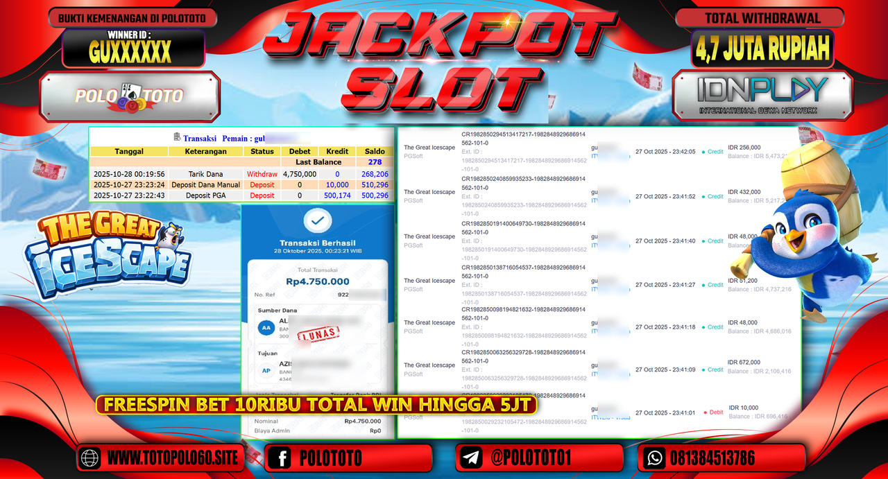 POLOTOTO JACKPOT SLOT THE GREAT ICESCAPE Rp.4.700.000,- LUNAS