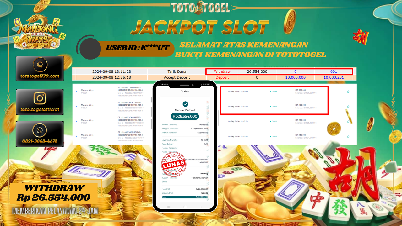 Bukti Kemenangan Permainan Slot Mahjong Ways  Dengan ID : K***UT Terbayar Lunas!!