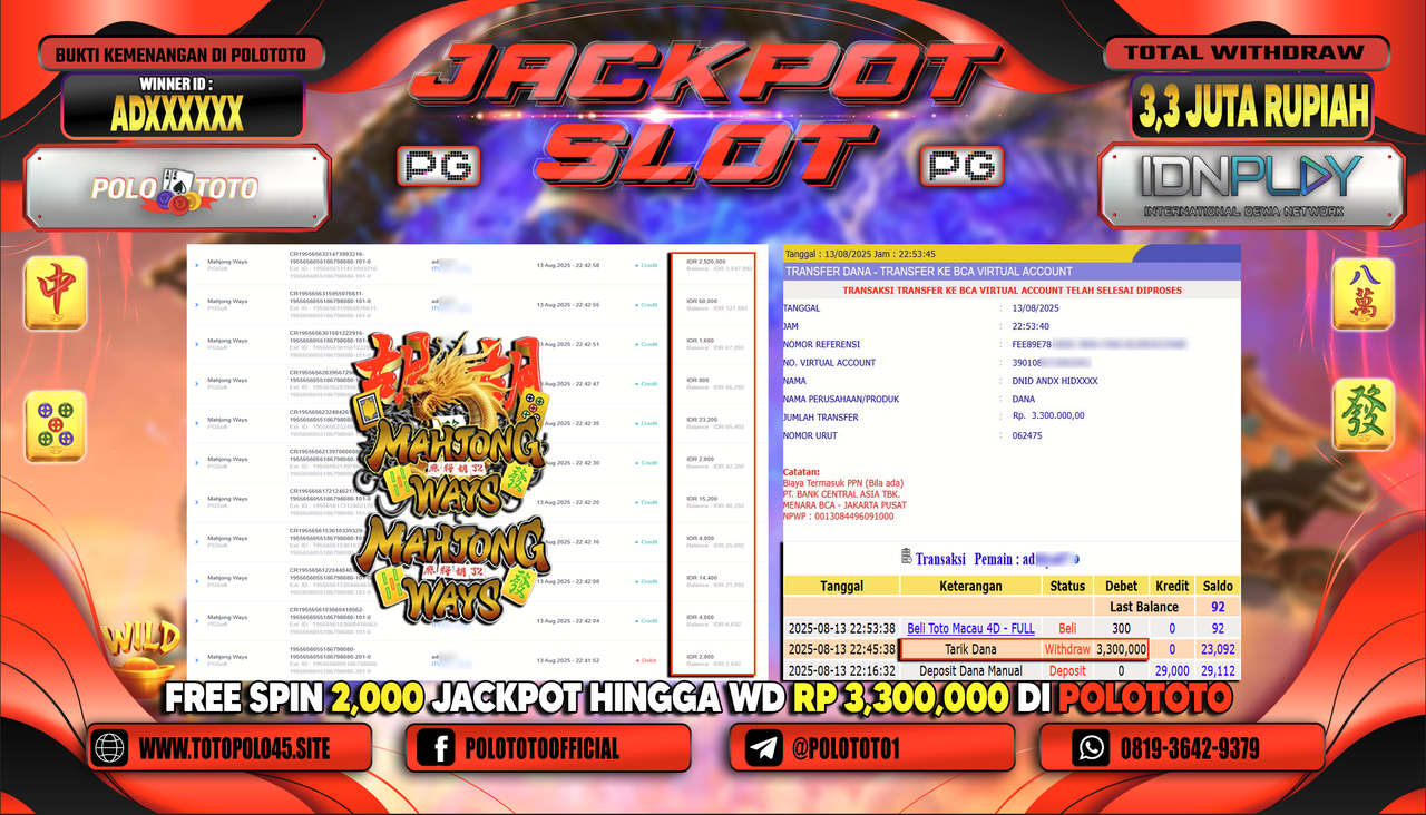 POLOTOTO JACKPOT SLOT MAHJONG WAYS Rp.3.300.000,-LUNAS