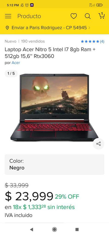 Mercado Libre: Laptop gamer Acer Nitro 5 Intel I7 8gb Ram + 512gb 15,6'' Rtx3060 | Pagando con Citibanamex 
