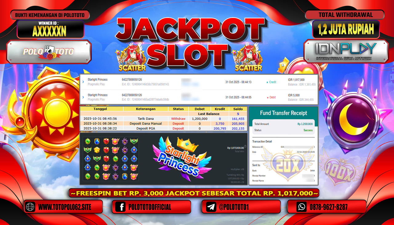 POLOTOTO JACKPOT SLOT STARLIGHT PRINCESS Rp.1.200.000,- LUNAS
