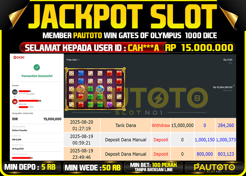 BUKTI PEMBAYARAN TGL 19 AGUSTUS 2025 MENANG DI PERMAINAN GATES OF OLYMPUS 1000 DICE TOTAL WD 15 JUTA