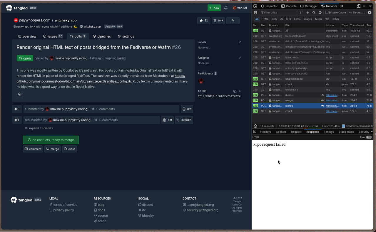 Firefox devtools open to show a merge button's response is xrpc request failed