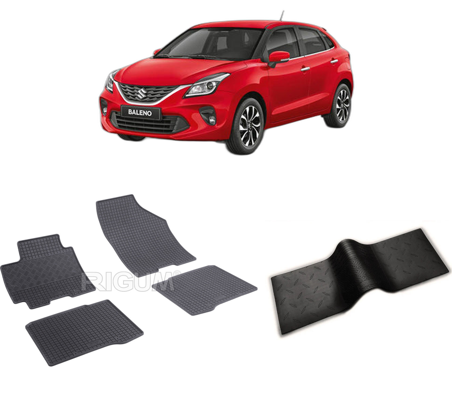 Set covorase auto SUZUKI BALENO II din 05.2016-PREZENT, cu covoras tunel median, CAROSERIE HATCHBACK, Presuri cauciuc 100%, compatibil cu autoturismul SUZUKI BALENO II, Rigum