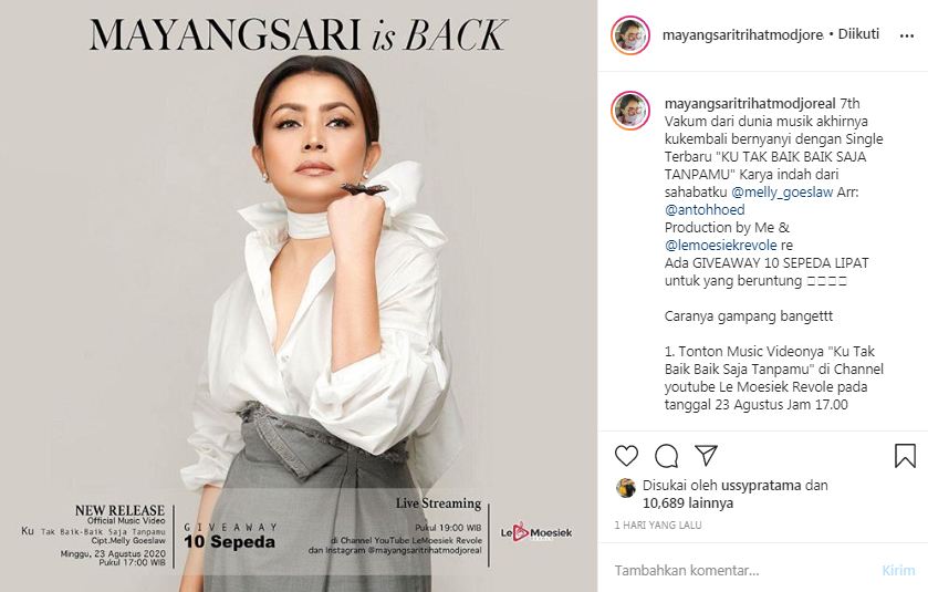 Mayangsari merilis lagu terbaru berjudul Ku Tak Baik-baik Saja Tanpamu