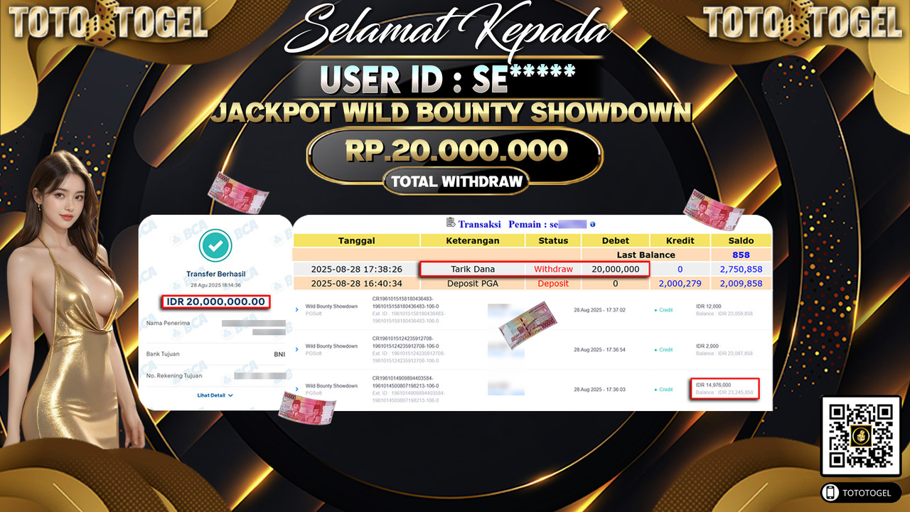 Bukti Pembayaran Jackpot Permainan Slot Wild Bounty Showndown ID:SE***** LUNAS