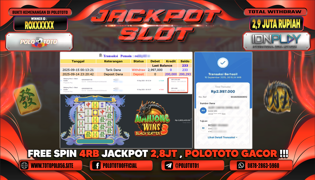 POLOTOTO JACKPOT SLOT MAHJONG WINS 3-BLACK SCATTER Rp.2.997.000,-