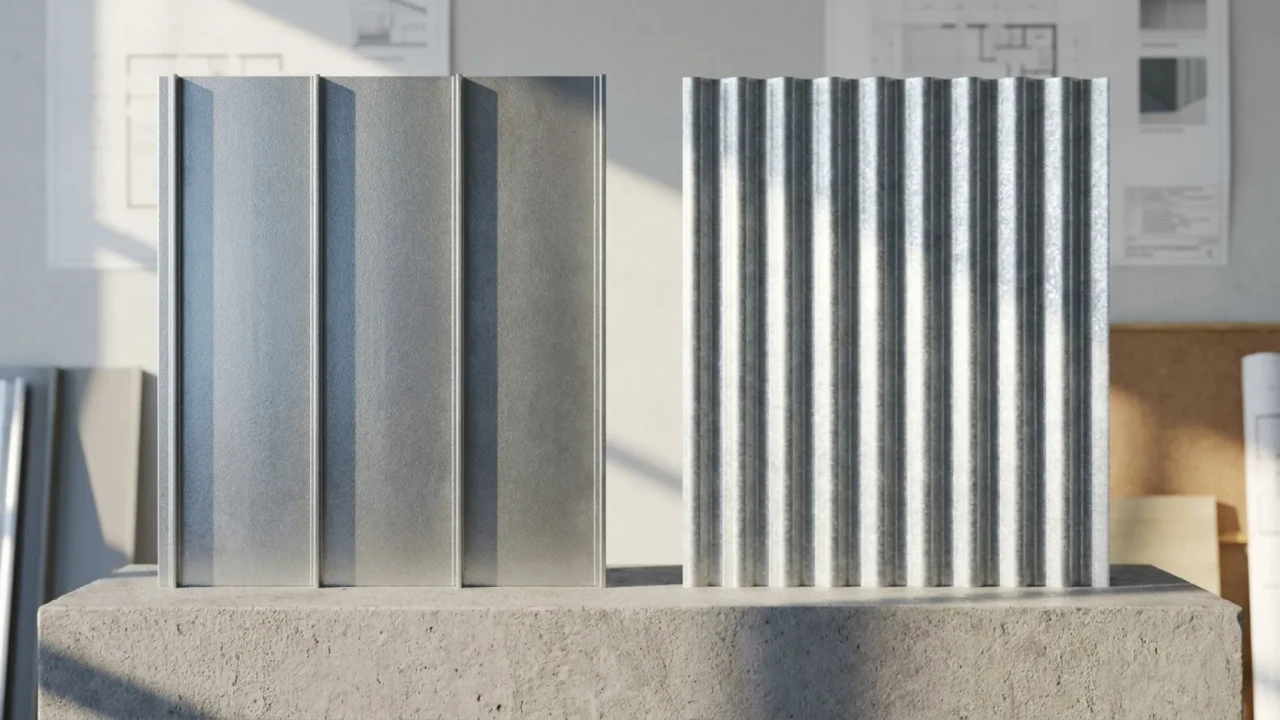 Selection of metal roofing panel profiles used in San Antonio including standing seam Galvalume panels and corrugated galvanized panels side by side