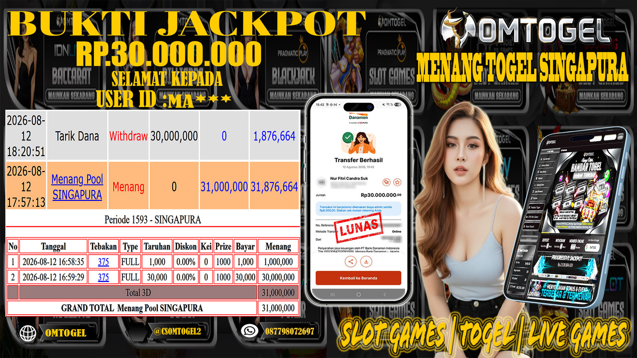 OMTOGEL JACKPOT TOGEL SINGAPURA Rp,30,000,000,- DIBAYAR LUNAS