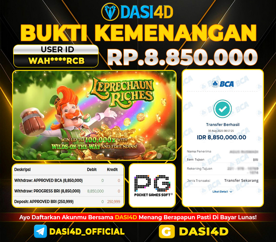 BUKTI KEMENANGAN 30 AGUSTUS 2025 DI  LEPRECHAUN RICHES  RP. 8.850.000