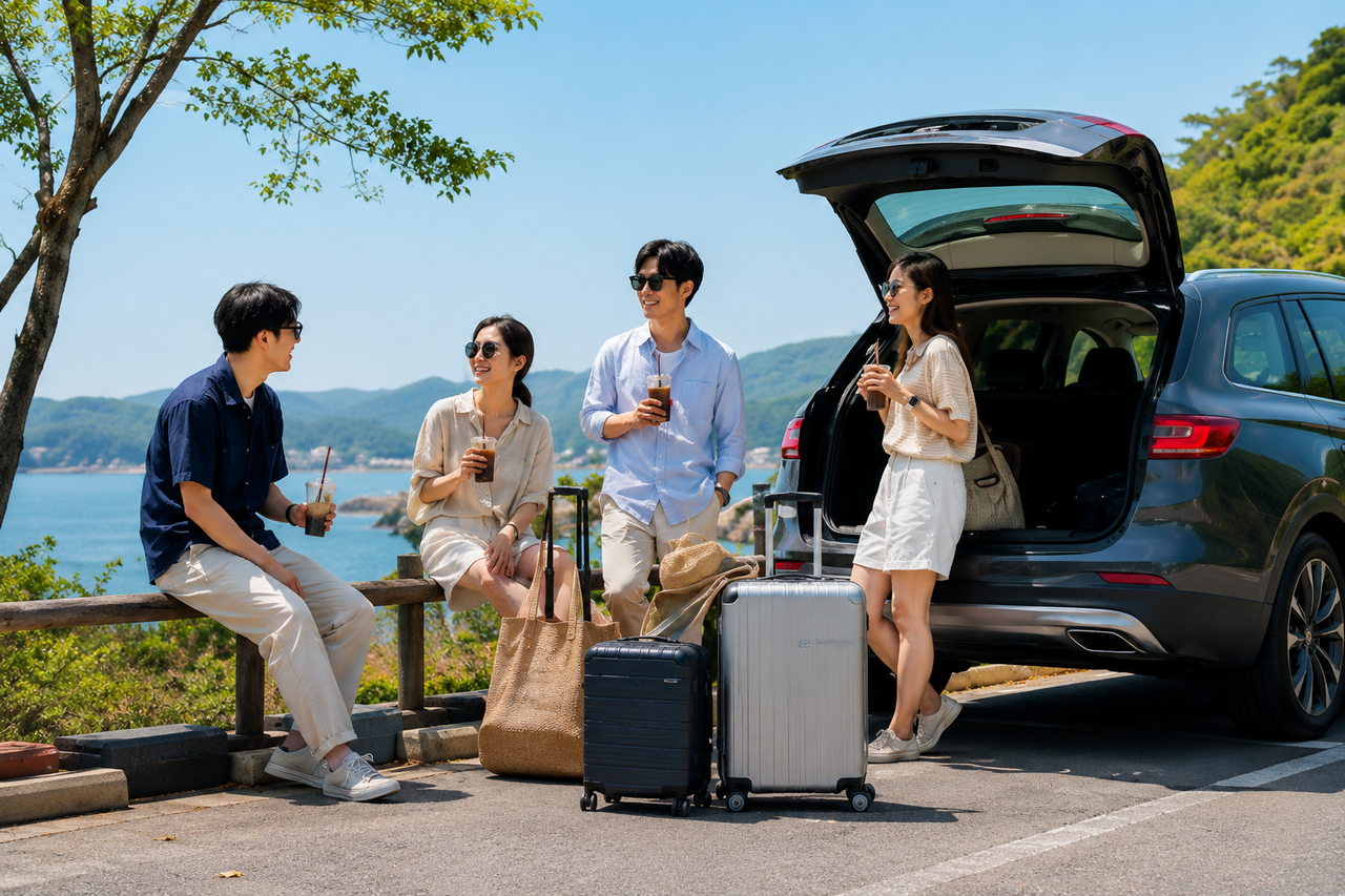 여유로운 오후에 여행 준비를 마치고 출발하는 여행객