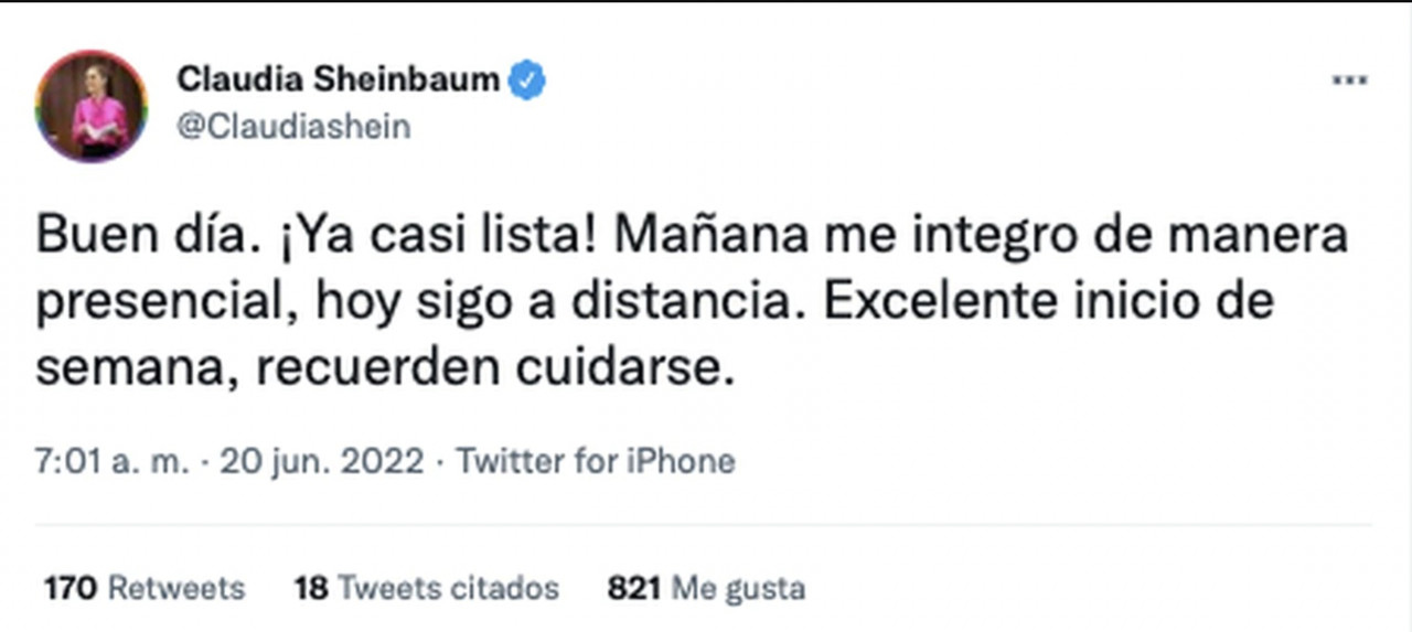 Esperan pronto regreso de Claudia Sheinbaum a actividades presenciales