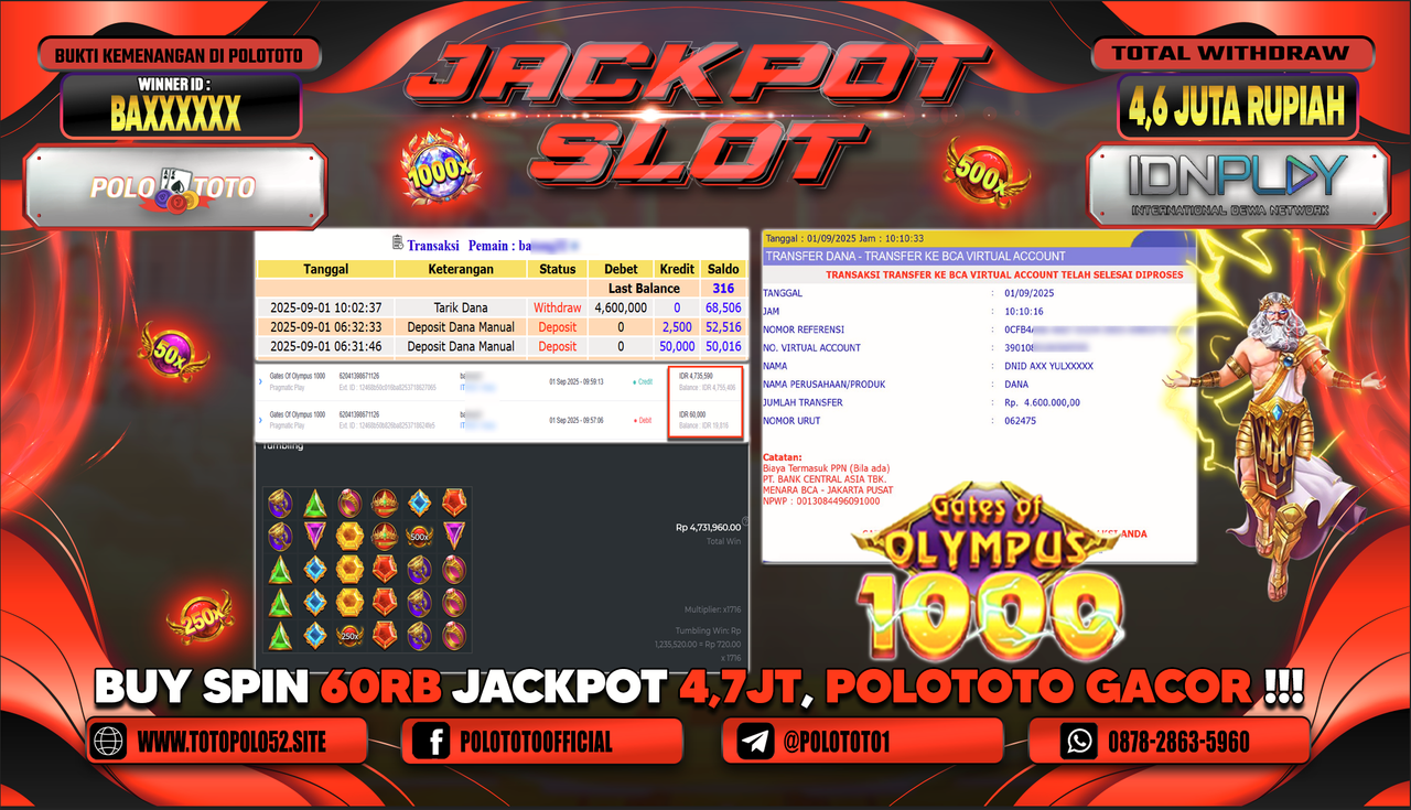 POLOTOTO JACKPOT SLOT GATES OF OLYMPUS 1000 Rp.4.600.000,-