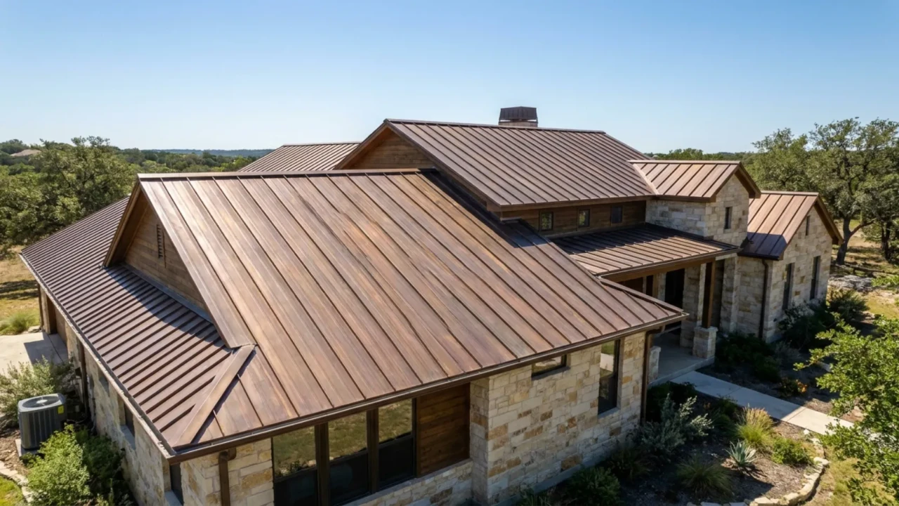 Custom San Antonio home with full copper standing seam roof showing warm brown intermediate patina stage against Texas sky