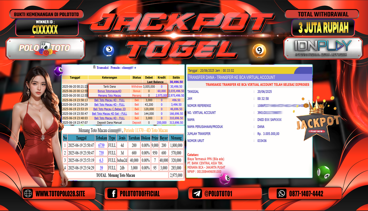 POLOTOTO JACKPOT TOGEL TOTO MACAU Rp.3.005.000,-