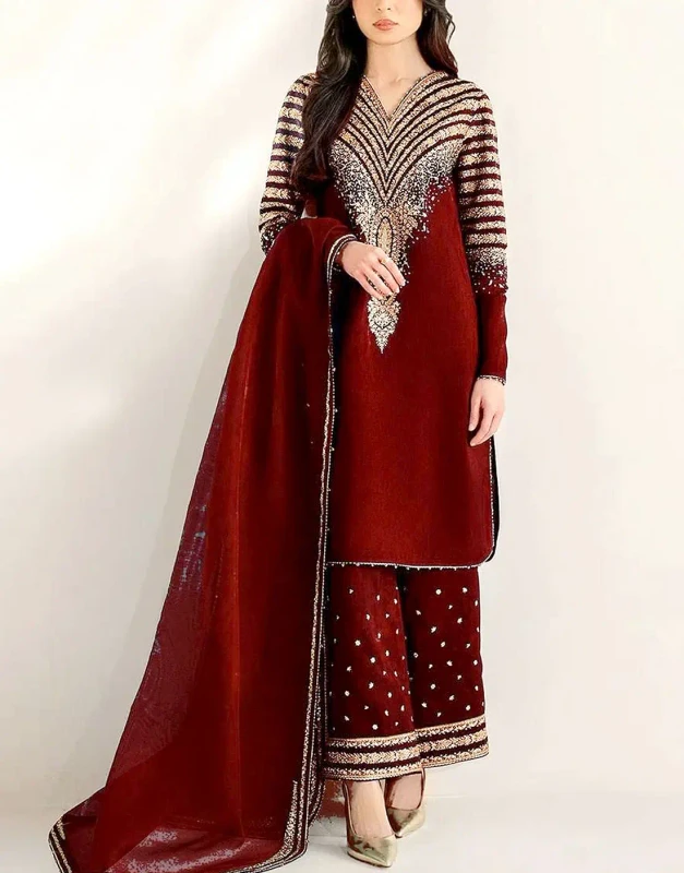 Maroon Raw Silk Party Dress – Emb Sleeves & Bottoms, Organza Dupatta