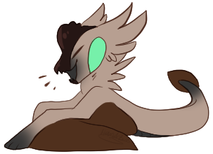 A tan Pterrur hatchling with dark brown membranes, black tingeing, and a lumpy head crest. Their eyes are close and they squawk happily