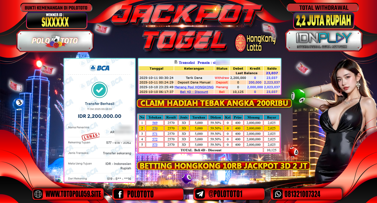 POLOTOTO JACKPOT TOGEL HONGKONG LOTTO Rp.2.200.000,- LUNAS