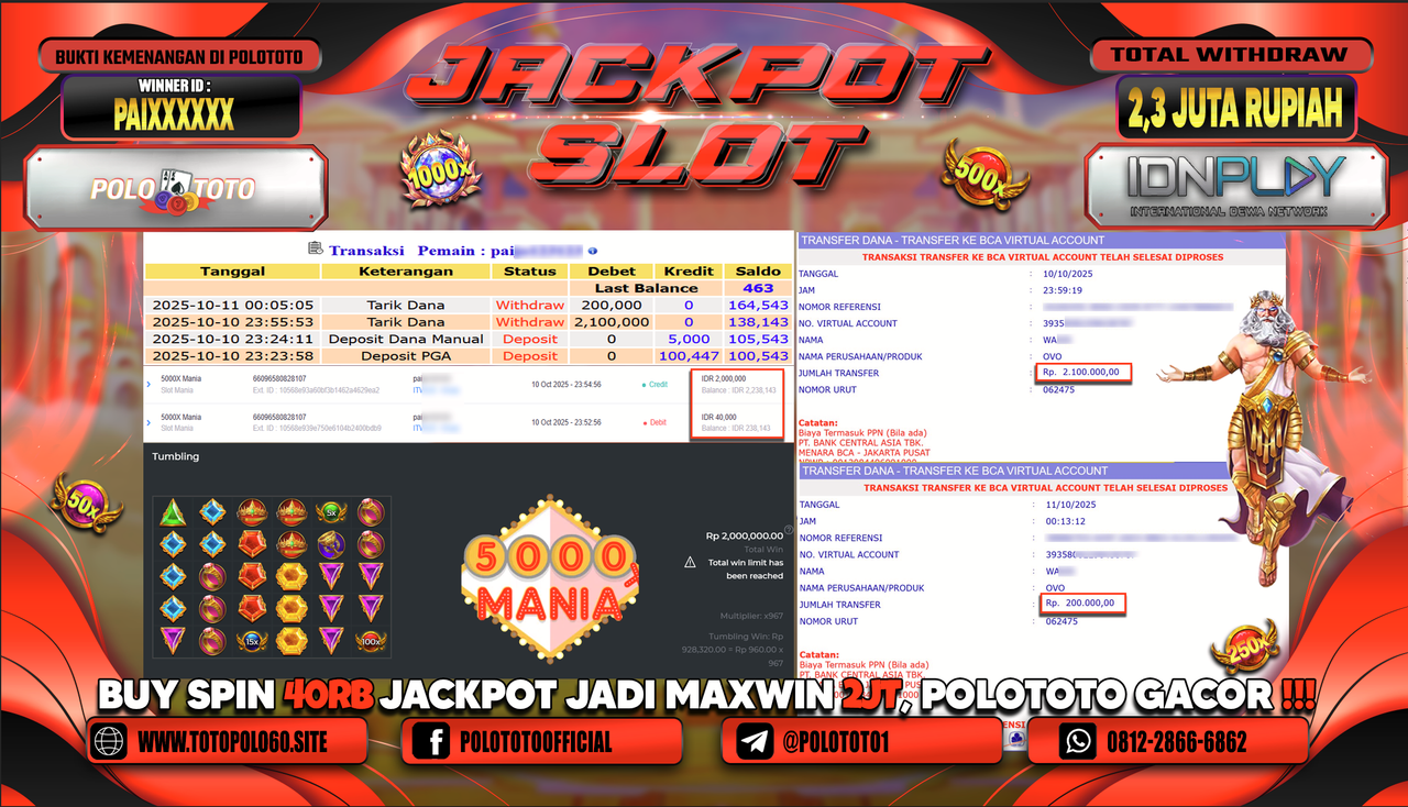 POLOTOTO JACKPOT SLOT 5000X MANIA Rp.2.300.000,- LUNAS