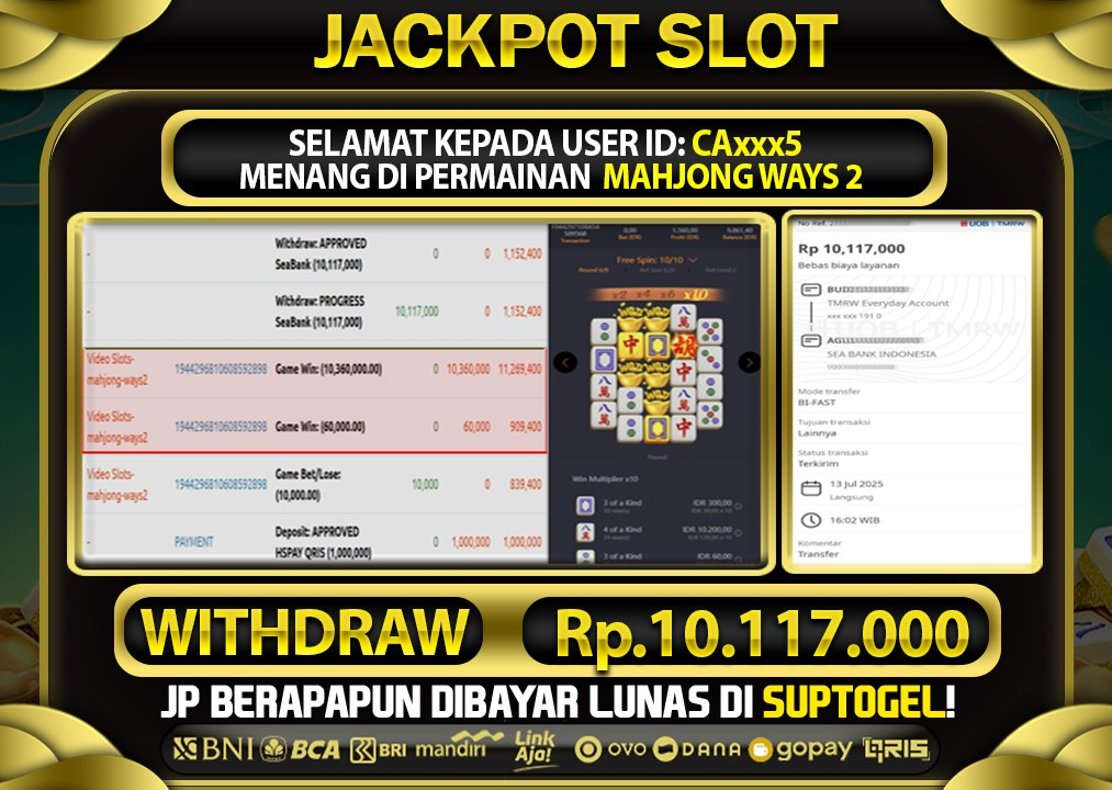  BUKTI KEMENANGAN 13 JULY 2025 MENANG DI PERMAINAN MAHJONG WAYS 2 1000 TOTAL WD 10 JUTAAN