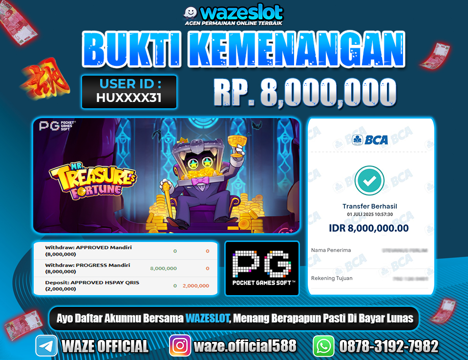 BUKTI KEMENANGAN 1 JULI 2025 DI GAME MR TREASURES FORTUNE