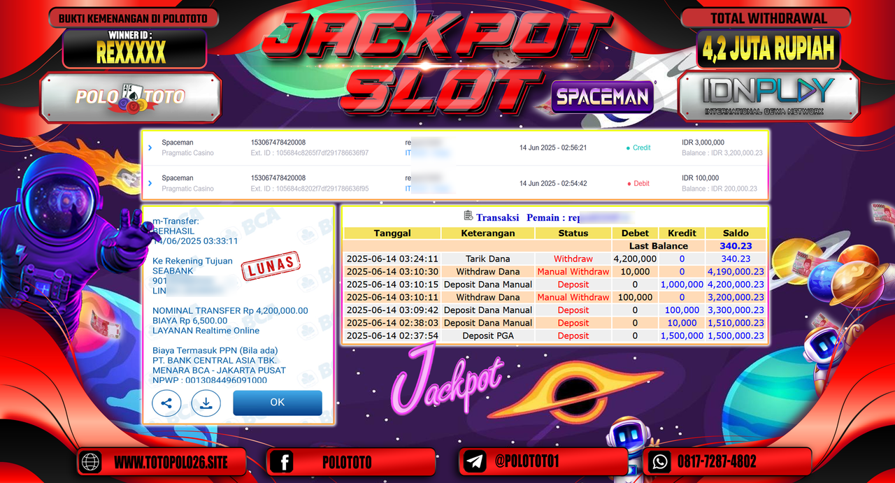POLOTOTO JACKPOT SLOT SPACEMAN Rp.4.200.000,-