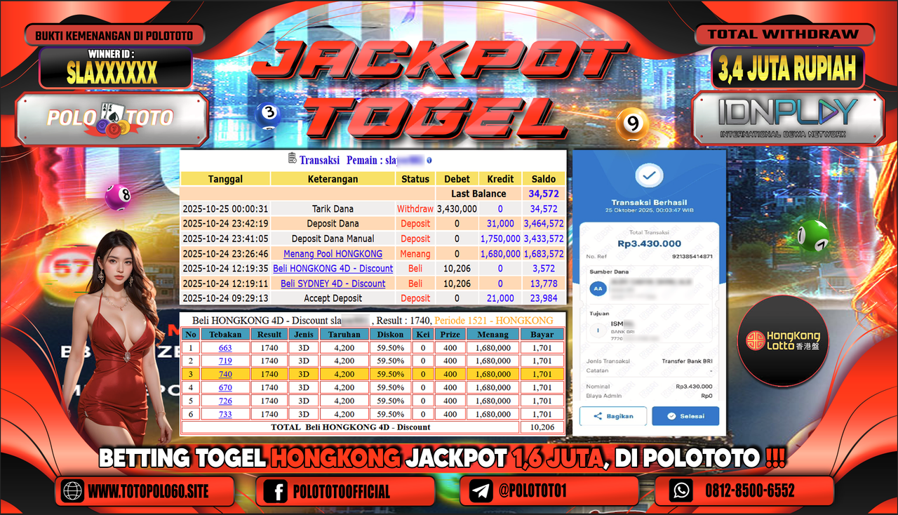 POLOTOTO JACKPOT TOGEL MENANG HONGKONG LOTTO Rp.3.400.000,- LUNAS